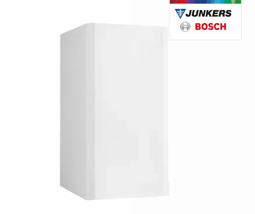 Wandhängender Wasserbehälter in Weiß, präsentiert mit dem Logo von Bosch und Junkers. Emaillierter Stahl, rechteckige Form ohne erkennbare Maße.